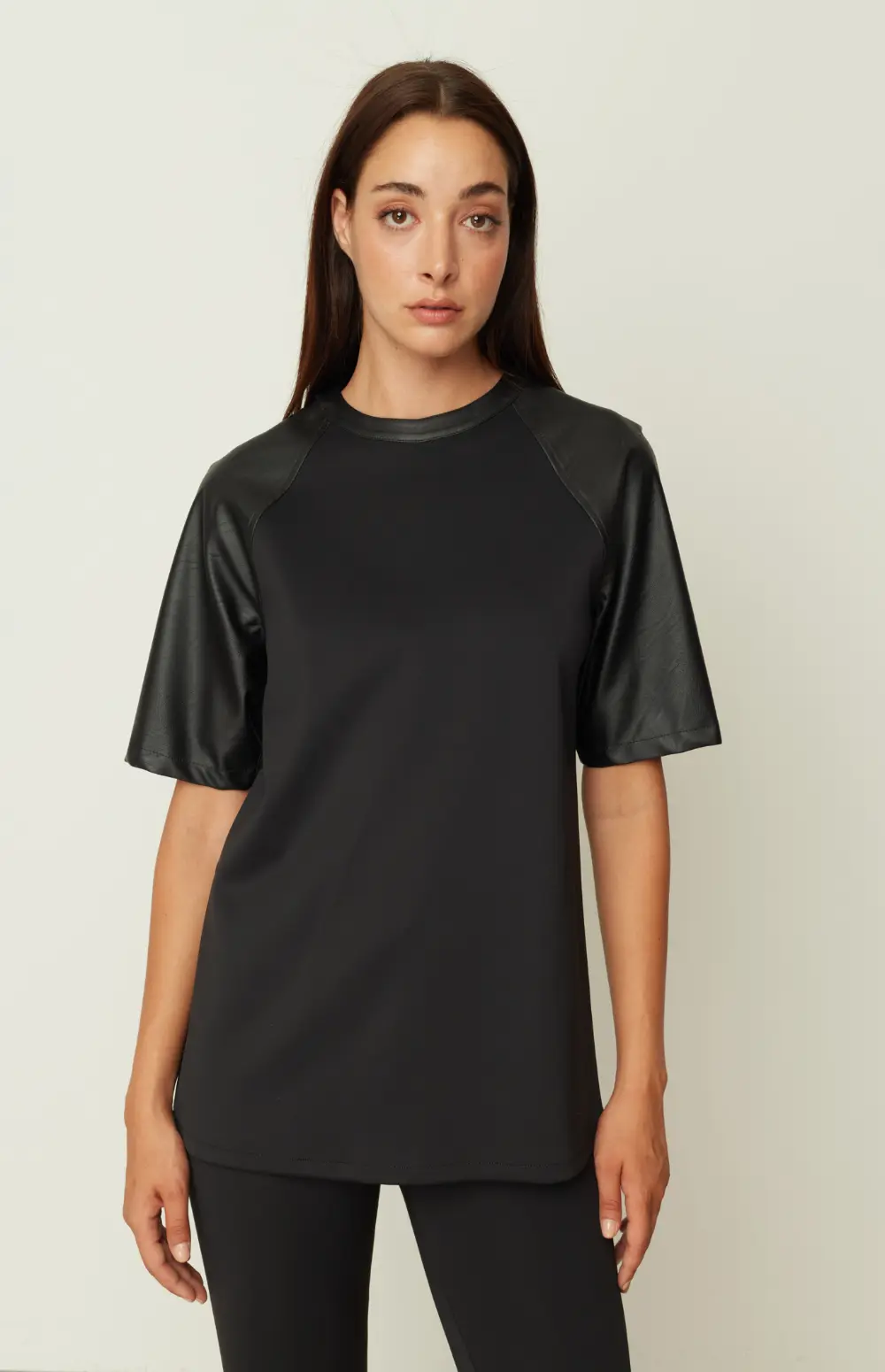 LEATHER LOOK SLEEVE T-SHIRT