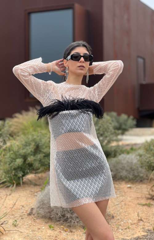 MINI SHEER DRESS WITH FEATHERS