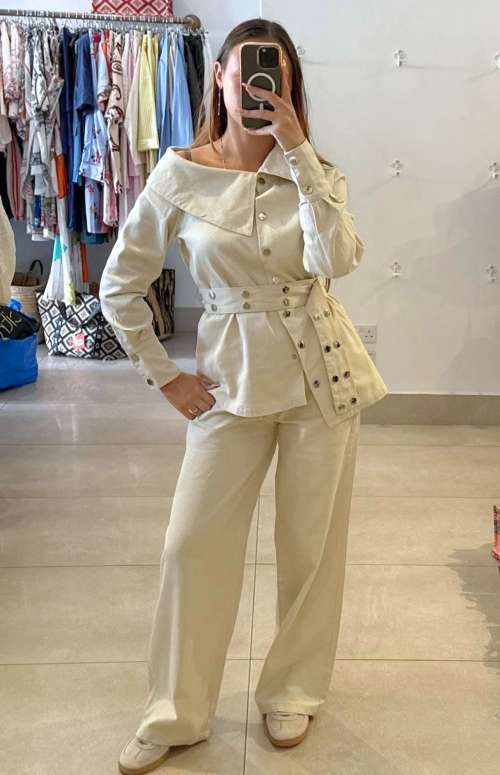 CO-ORD DENIM WITH GOLD BUTTONS | SHIRT & WIDE LEG PANTS