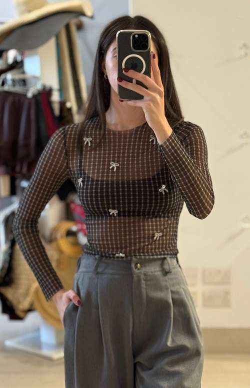 MESH CHECK TOP WITH BOWS | BLACK VICHY