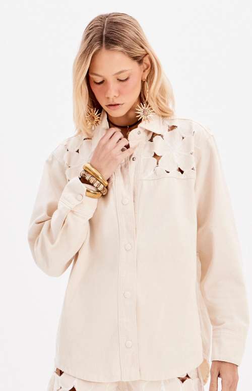 DENIM SHIRT WITH FLORAL EMBROIDERY