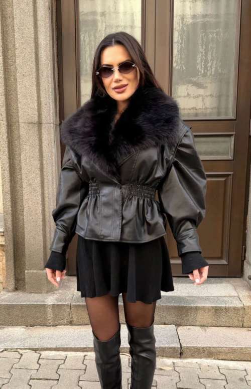 FAUX LEATHER JACKET WITH FUR & CINCHED WAIST