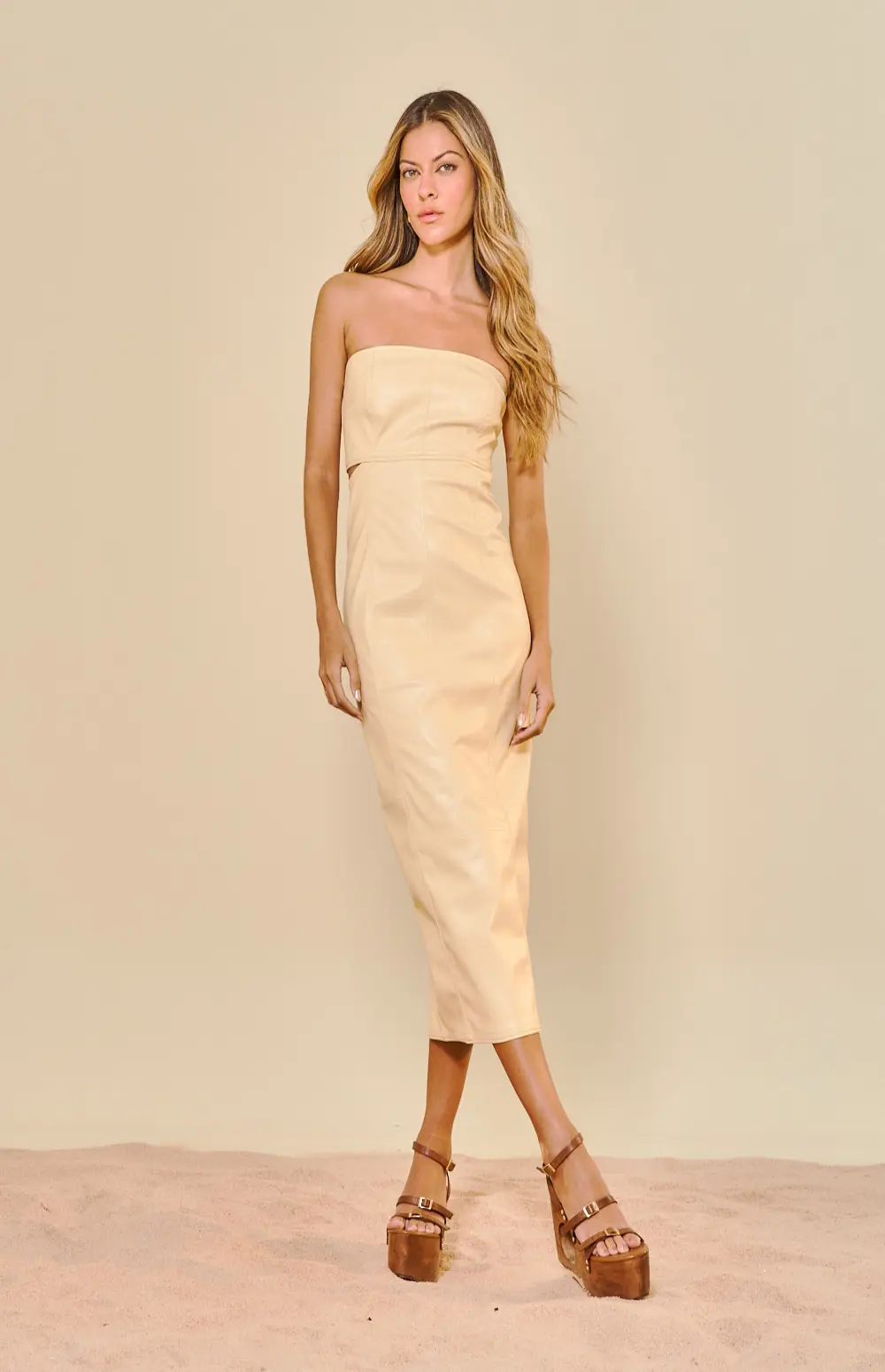 STRAPLESS FAUX LEATHER MIDI DRESS