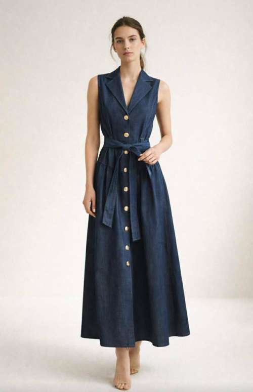 LONG DENIM DRESS WITH GOLD BUTTONS