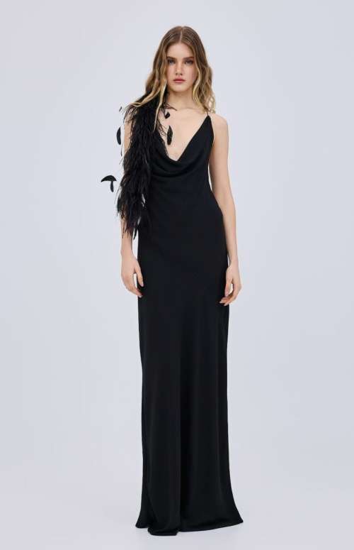 CHIFFON FEATHER MAXI DRESS
