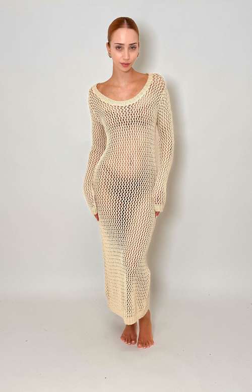 SCOOP NECK KNIT DRESS | BEIGE