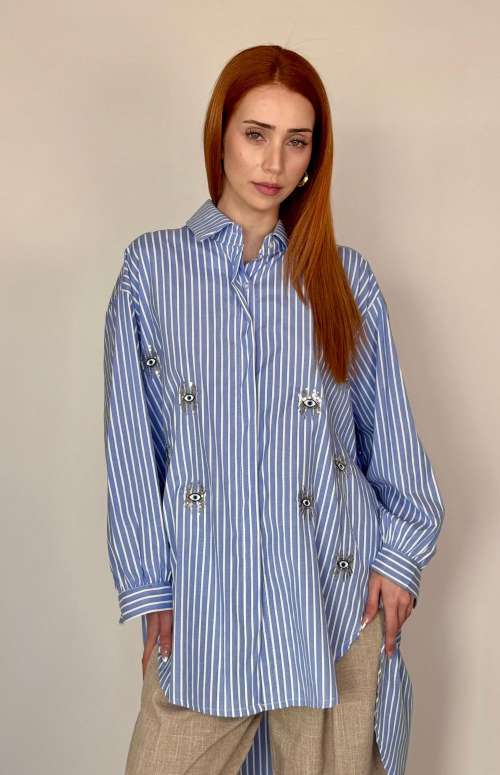 STRIPED SHIRT DRESS WITH EVIL EYE