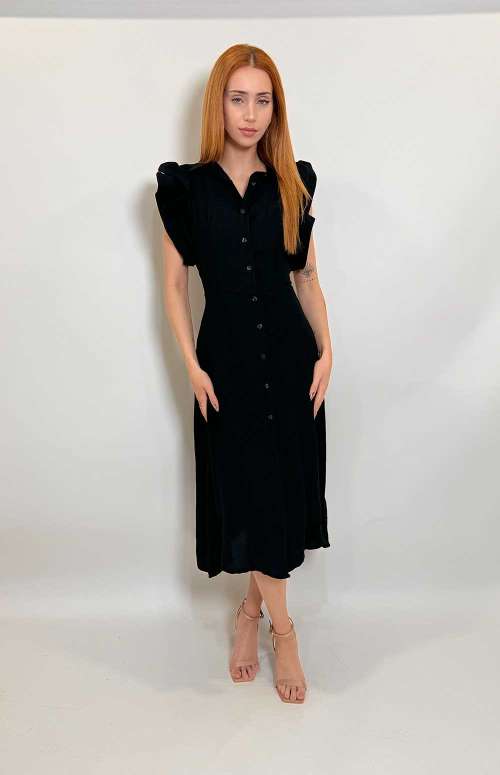 SHIRT DRESS WITH RUFFLE SLEEVES | BLACK