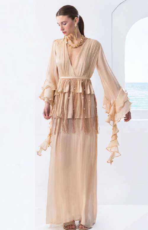 MAXI DRESS WITH RUFFLES - BELT WITH FRINGES