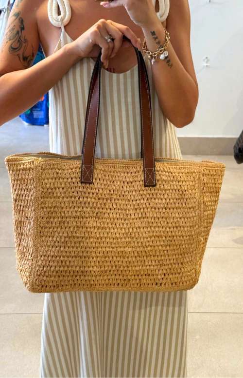 RAFFIA BEACH BAG WITH LEATHER STRAP
