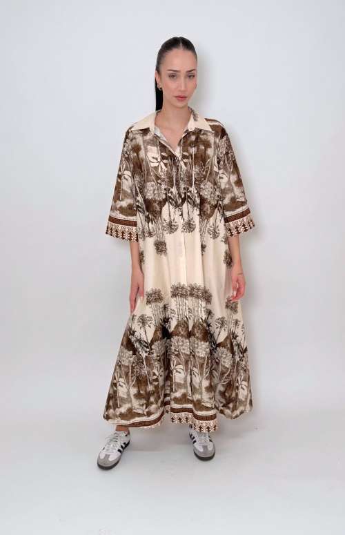 MIDI PRINTED SHIRT DRESS | BROWN