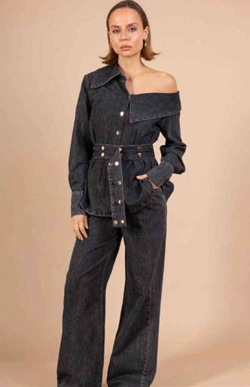 CO-ORD DENIM WITH GOLD BUTTONS | SHIRT & WIDE LEG PANTS