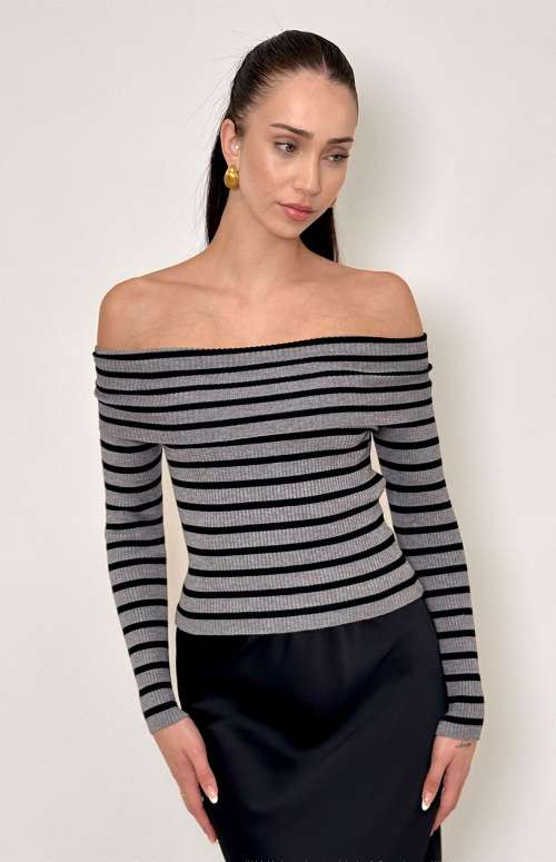 STRIPED OFF THE SHOULDER TOP | GREY