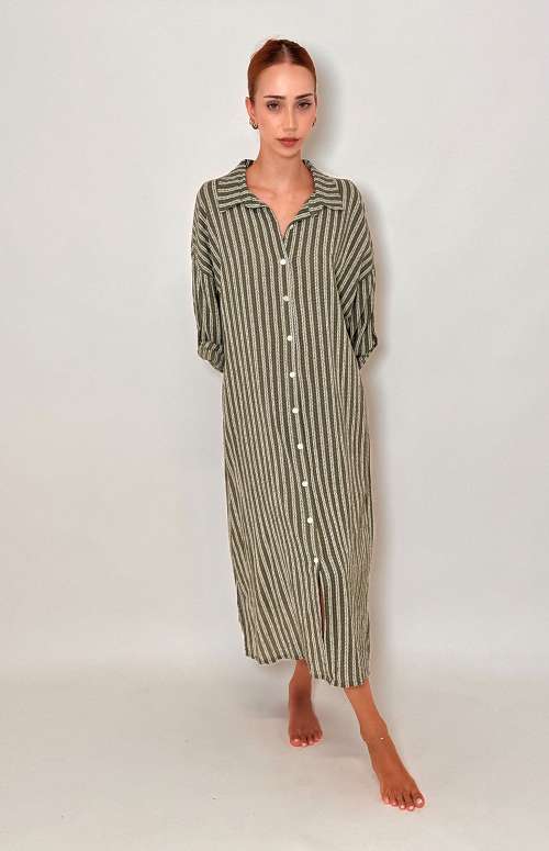 STRIPED SHIRT DRESS | KHAKI