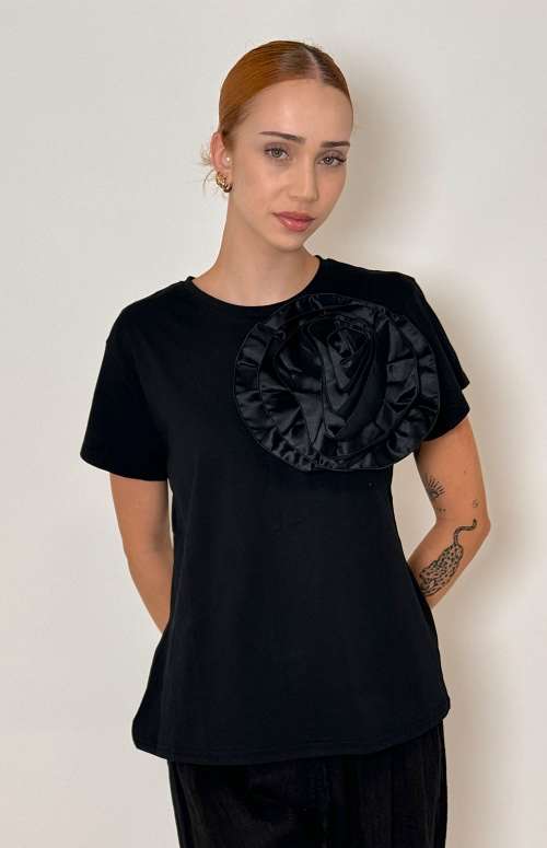 T-SHIRT WITH SATIN FLOWER | BLACK