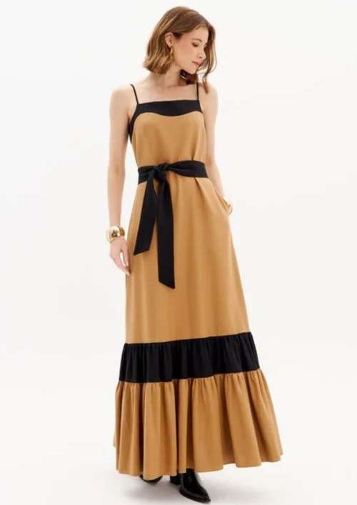 TWO-TONE SUPER MIDI DRESS WITH STRAPS AND SASH
