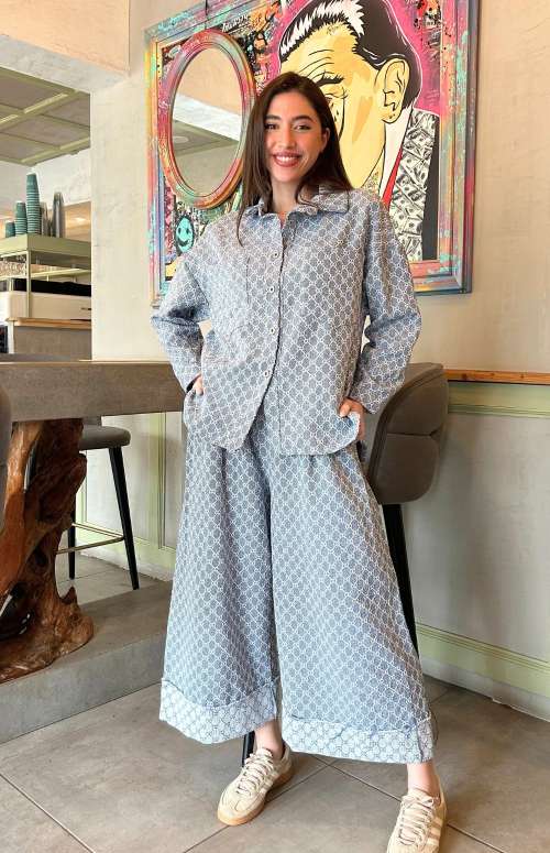 CO-ORD DENIM LIKE SET WITH PRINT | SHIRT & PANTS