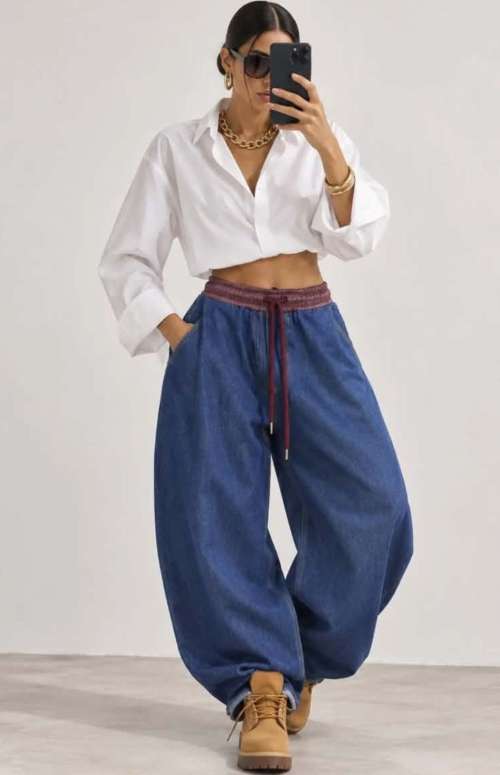 DENIM TROUSER WITH LEATHER DETAIL