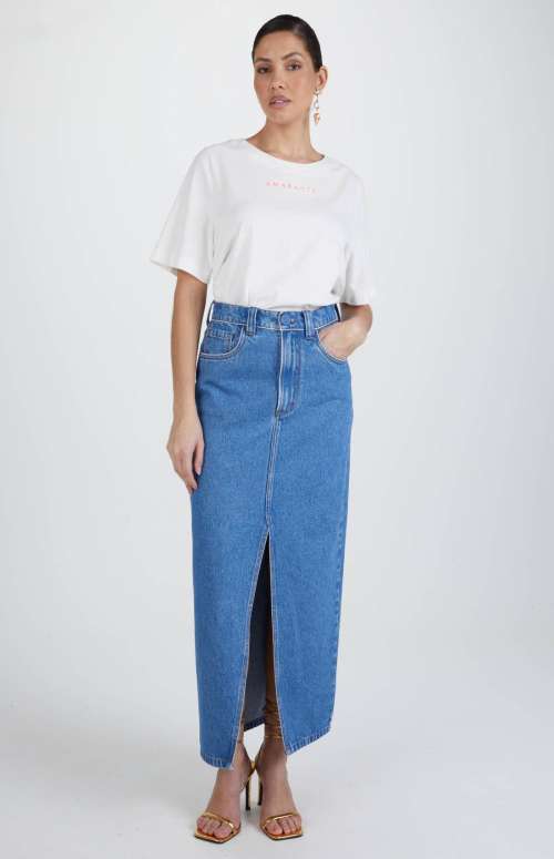 HIGH WAIST MIDI JEAN SKIRT
