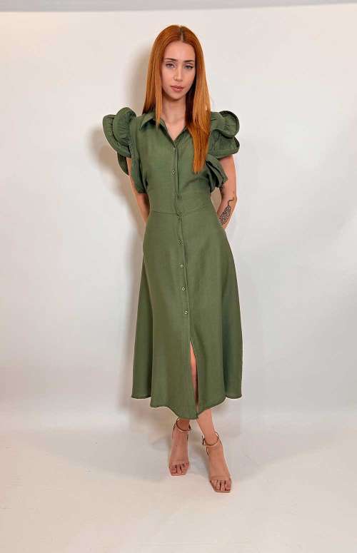 SHIRT DRESS WITH RUFFLE SLEEVES | KHAKI