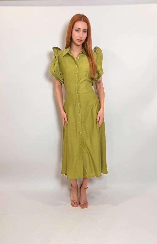 SHIRT DRESS WITH RUFFLE SLEEVES | GREEN