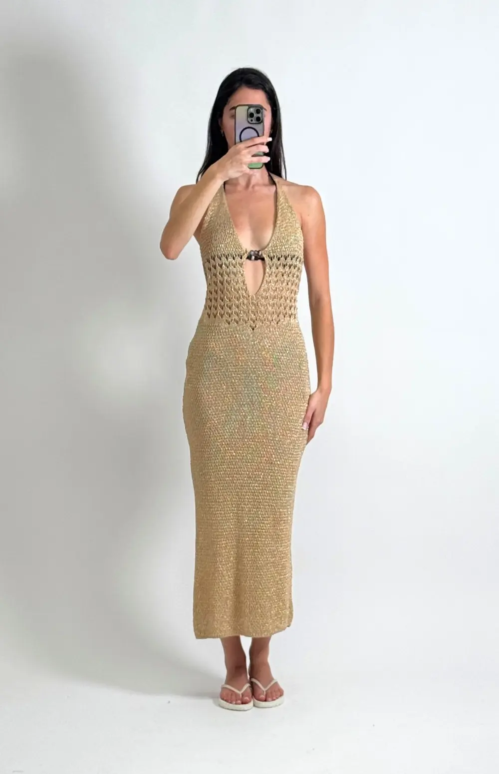 KNITTED HALTER DRESS WITH BEADS