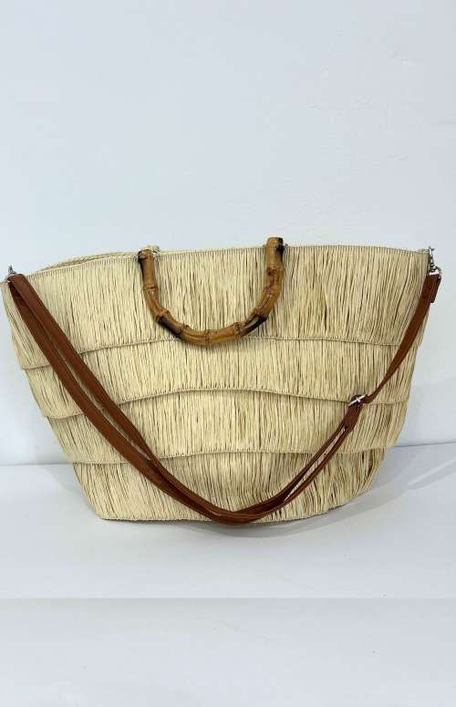 STRAW BAG WITH WOODEN HANDLE