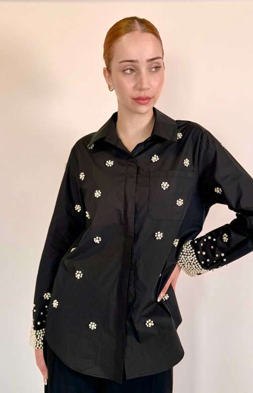 EMBELLISHED BLACK SHIRT WITH PEARL CUFFS