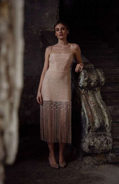SINCERE DRESS | SEQUINED PEARL ENCRUSTED FRINGED