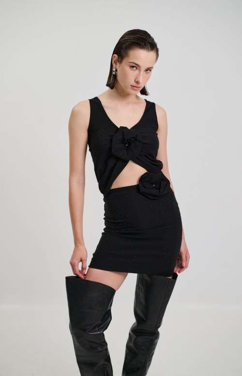 CO-ORD STRASS | CROP TOP WITH FLOWER & MINI SKIRT